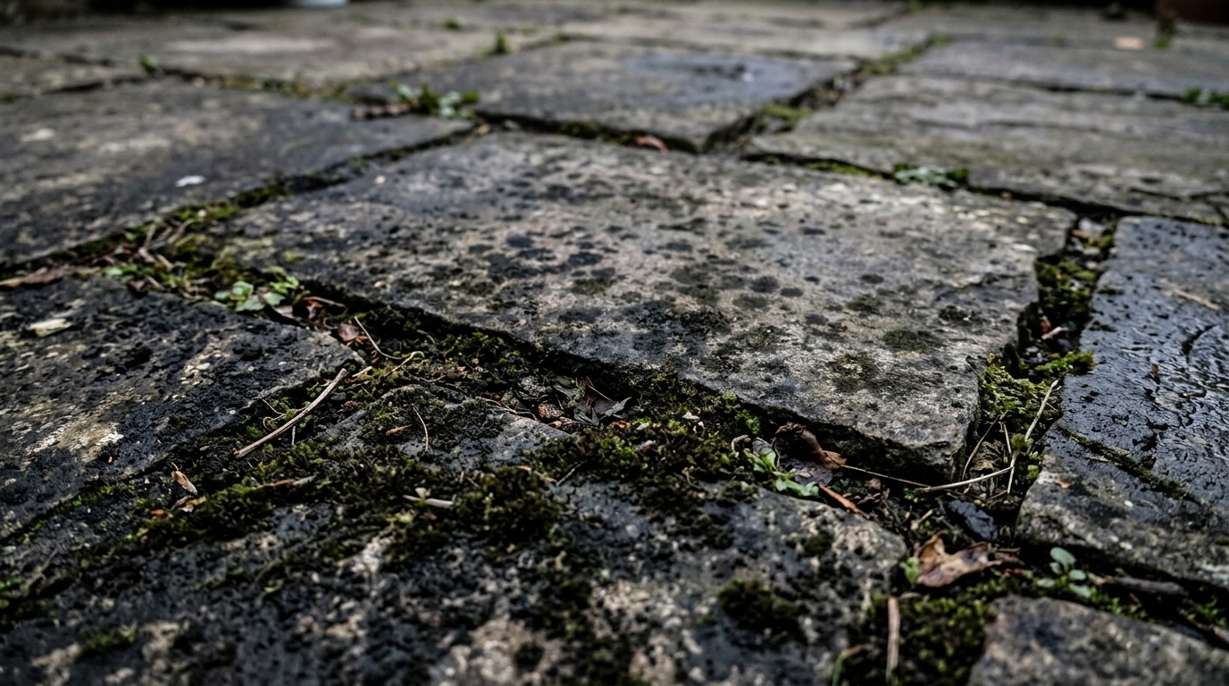 Verschmutzter Steinboden vor der Reinigung